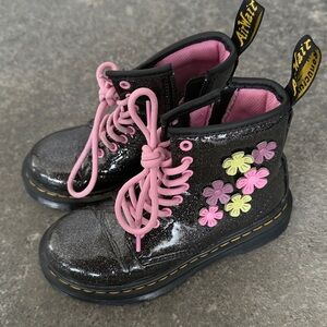 Dr. Martens Kids Black Glitter Boots with Pink Laces and Floral Accents